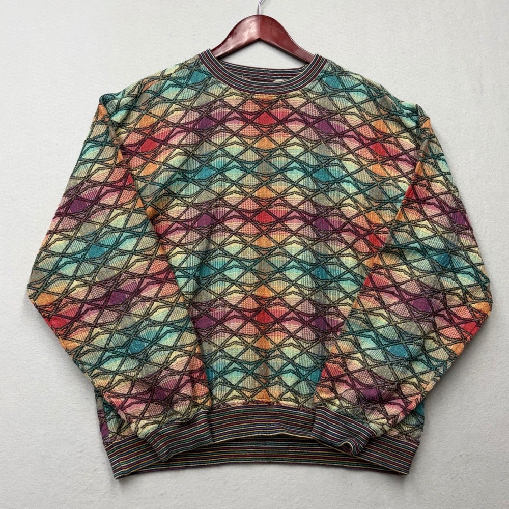 Jhane Barnes Sweater Mens L Multi Color Vintage 80s Rare Geometric Textured Knit